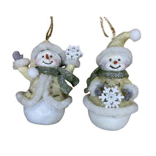 Ivory and Sage Resin Snowman Hanging Ornament Set