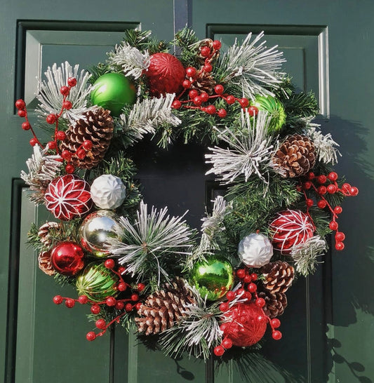 Flocked Red and Green Christmas Wreath w/Pinecones
