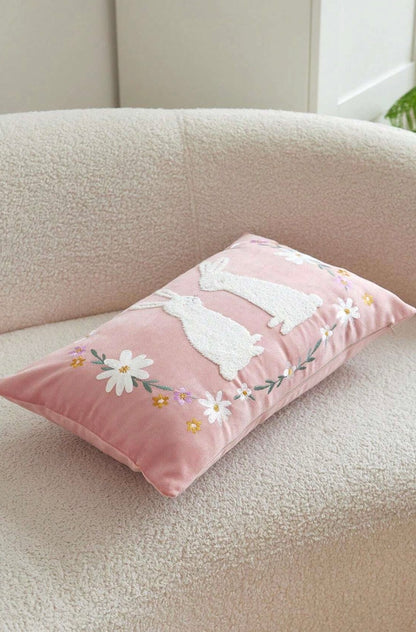 Double Rabbit Floral Embroidered Cushion Pink 30x50cm