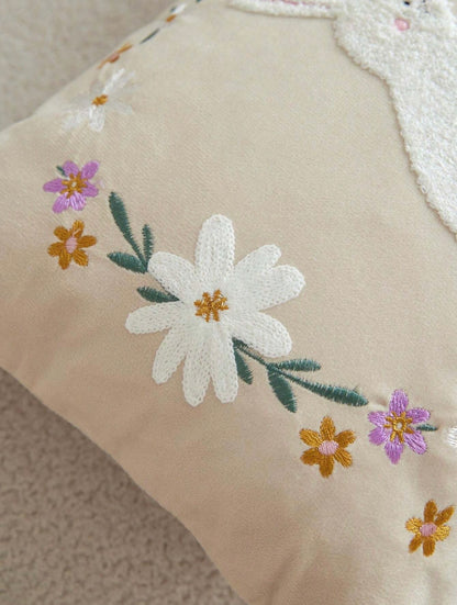 Double Rabbit Floral Embroidered Cushion Beige