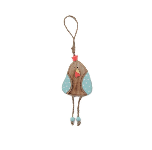 Blue Spotted Wooden Hanging Chicken Decoration