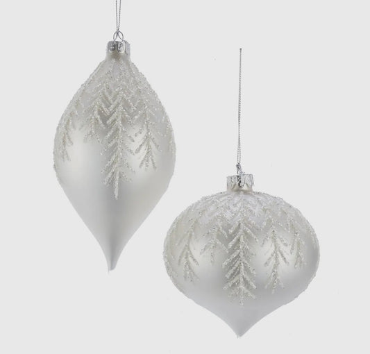 Silver/White Pine Leaf Design Onion/Drop Ornament Set