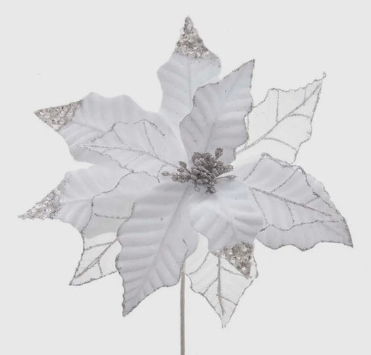 14” White/Silver Artificial Poinsettia Flower Stem