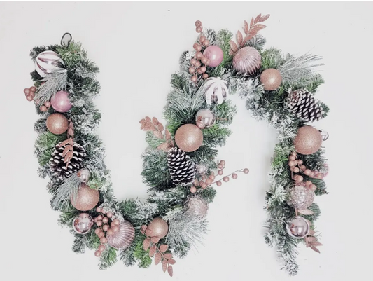 Elegant Flocked Pink Christmas Garland with Pinecones