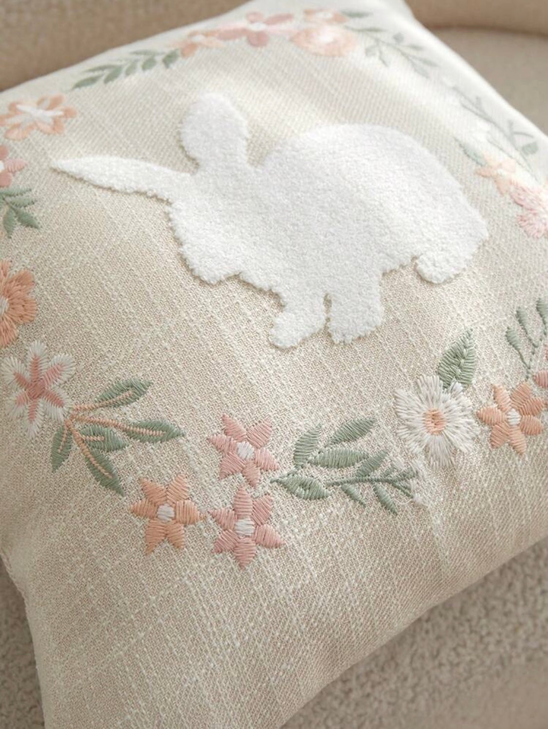 Rabbit Floral Wreath Embroidery Cushion Natural