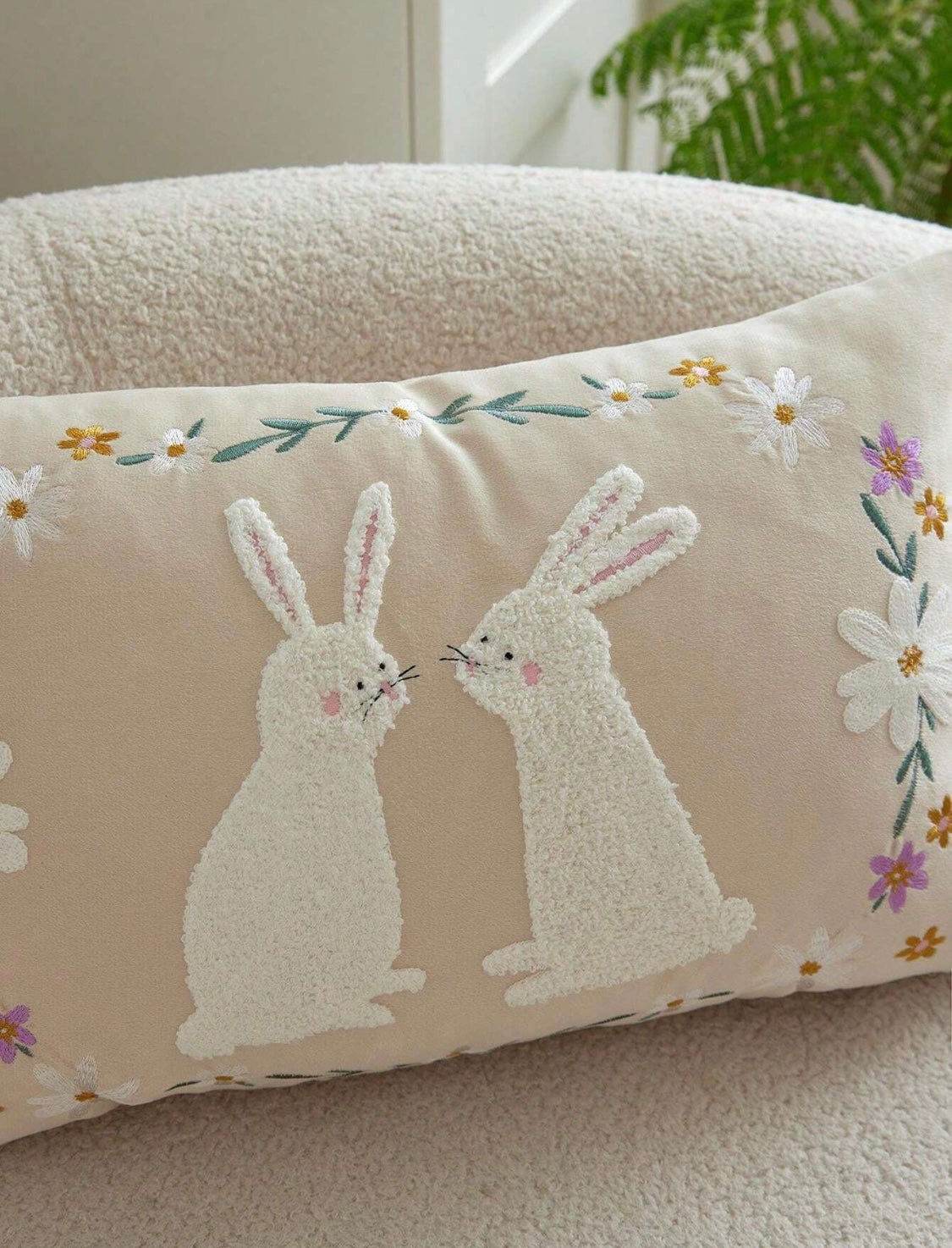 Double Rabbit Floral Embroidered Cushion Beige 30x50cms