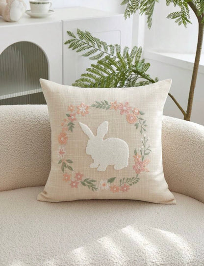 Rabbit Floral Wreath Embroidery Cushion Natural