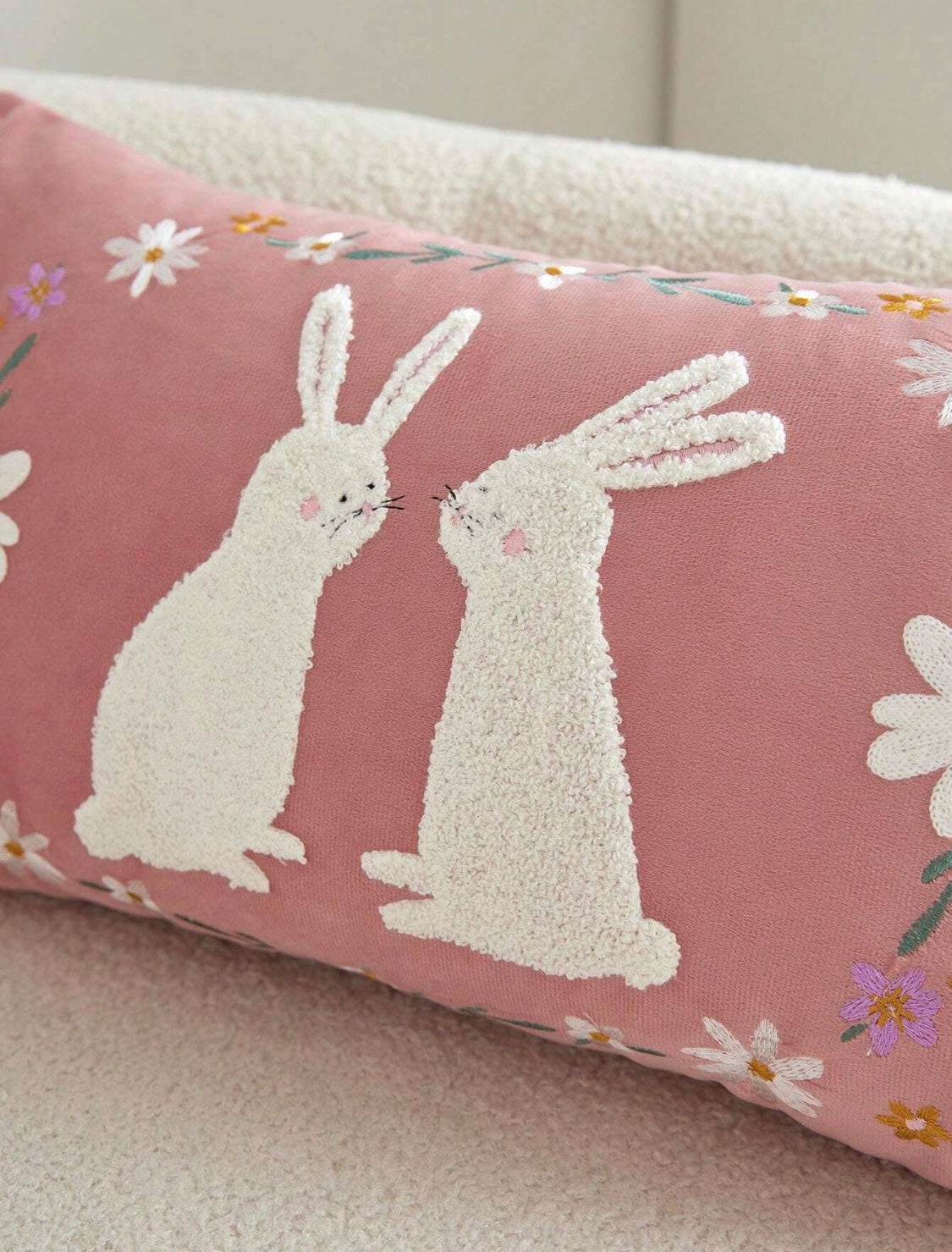 Double Rabbit Floral Embroidered Cushion Pink 30x50cm