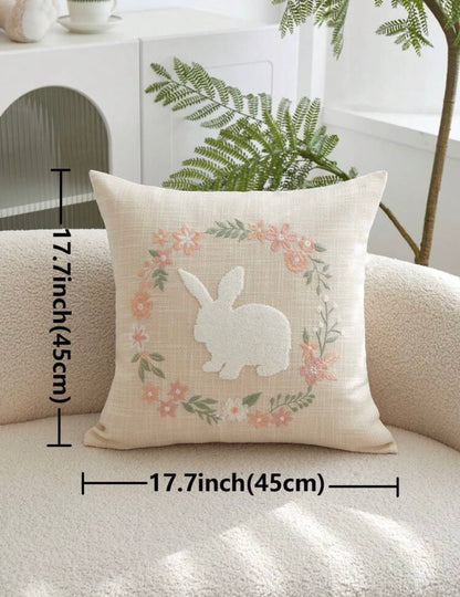 Rabbit Floral Wreath Embroidery Cushion Natural