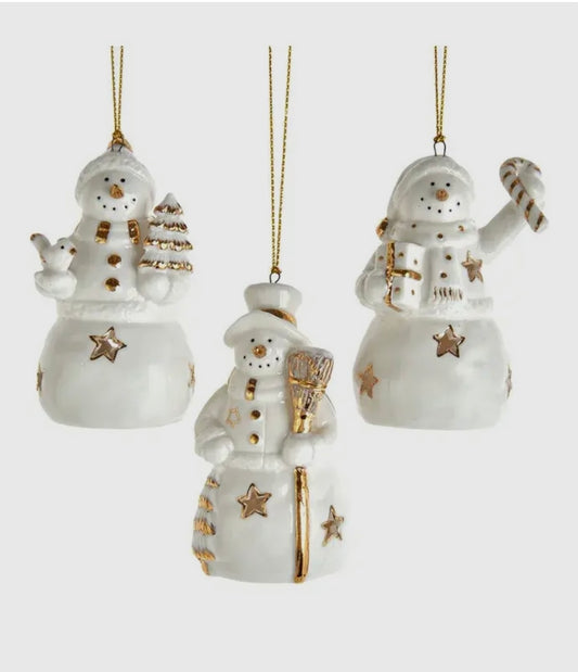 Porcelain Gold/White Snowman Hanging Ornament Set