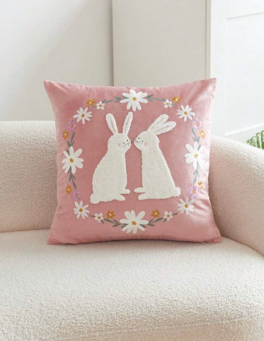 Double Rabbit Floral Embroidered Cushion Pink