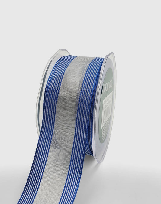 Sheer Silver Metallic Royal Blue Stripes Wired Ribbon