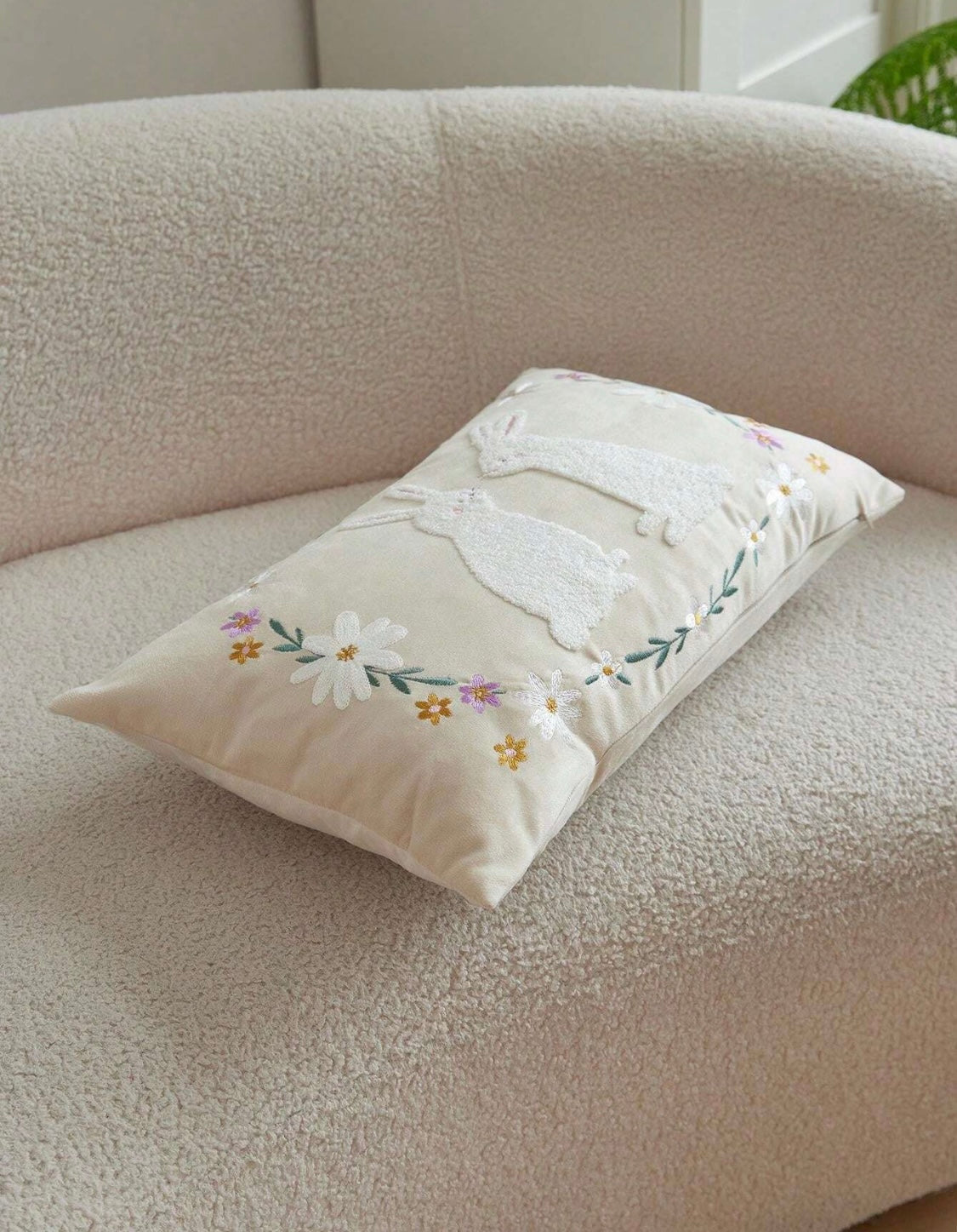 Double Rabbit Floral Embroidered Cushion Beige 30x50cms