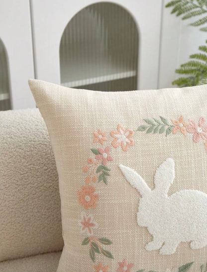 Rabbit Floral Wreath Embroidery Cushion Natural