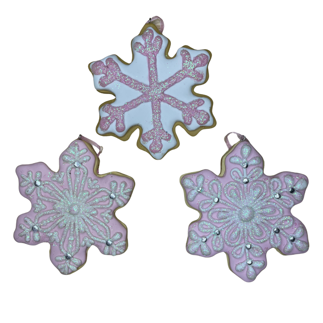 Pink and White Glitter Snowflake Cookie Ornament Set