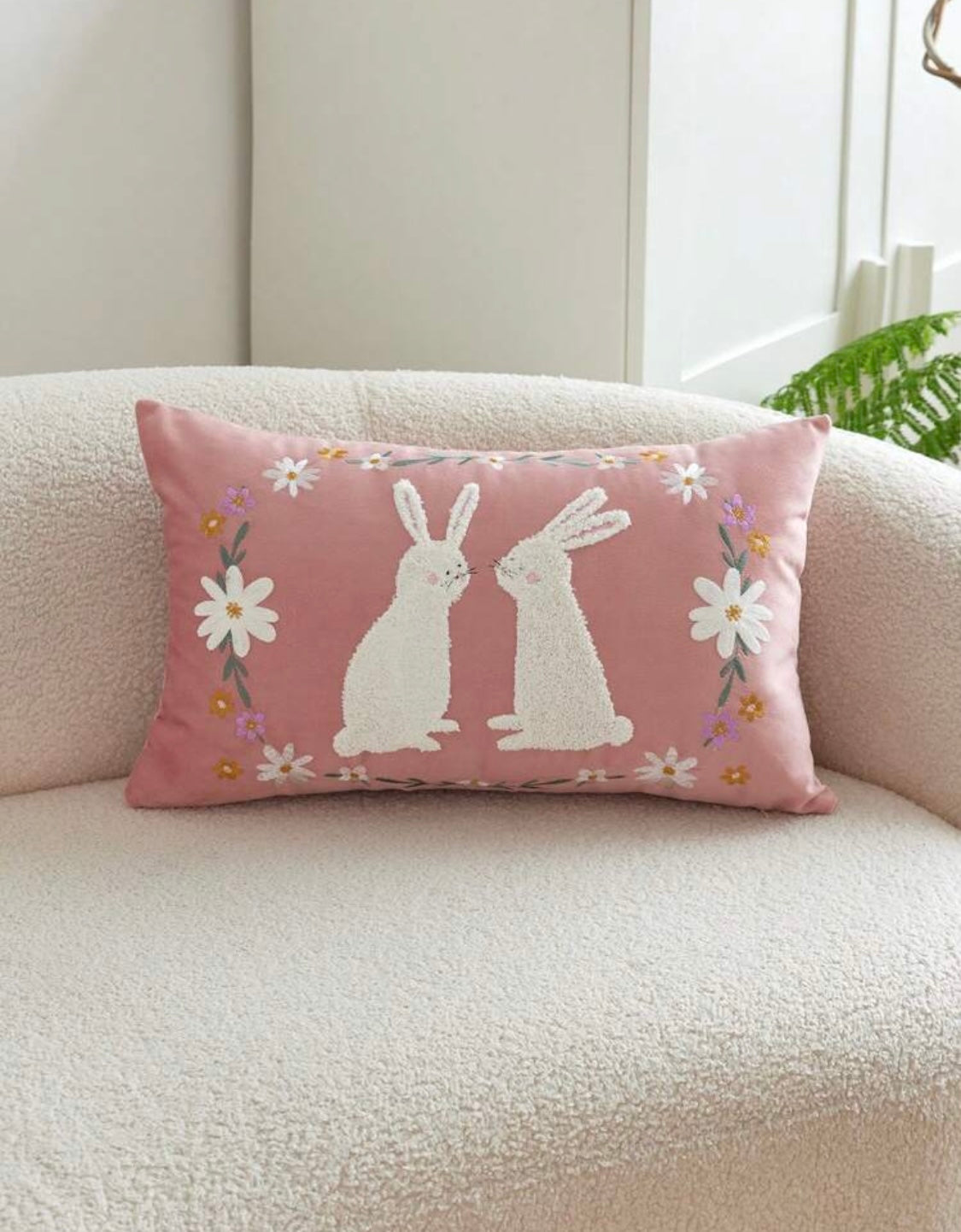 Double Rabbit Floral Embroidered Cushion Pink 30x50cm