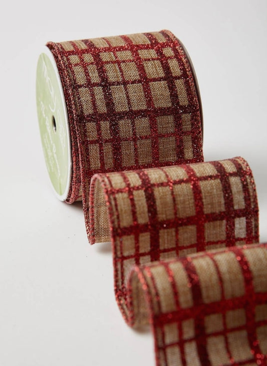 Red Glitter Gingham Wired Ribbon