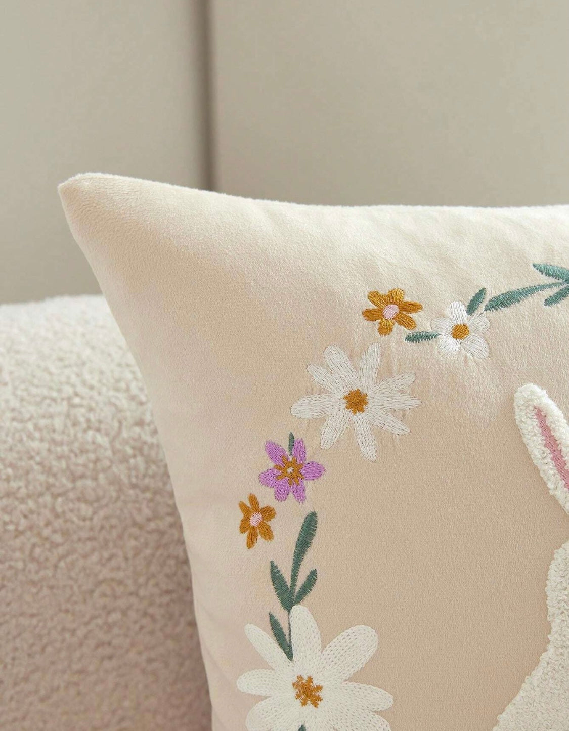 Double Rabbit Floral Embroidered Cushion Beige