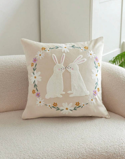 Double Rabbit Floral Embroidered Cushion Beige