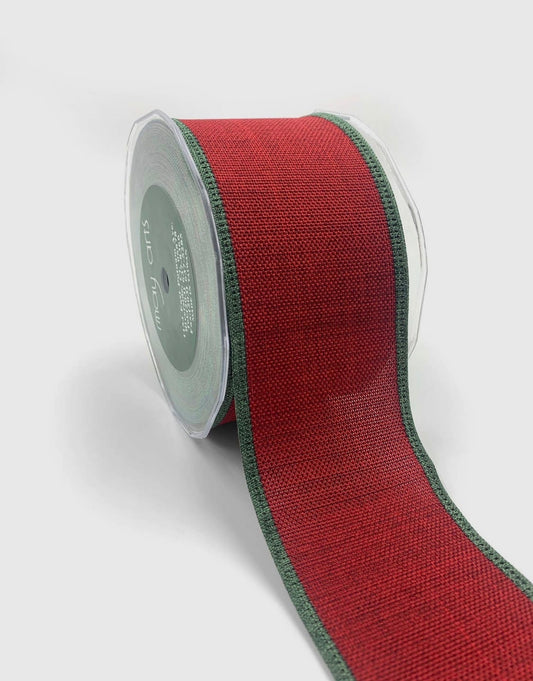 Red Loose Weave Faux Linen Green Edge Wired Ribbon