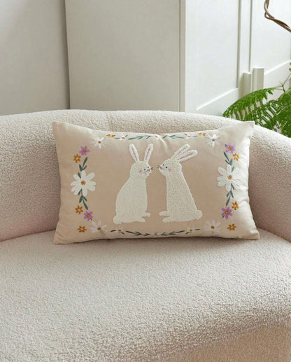 Double Rabbit Floral Embroidered Cushion Beige 30x50cms