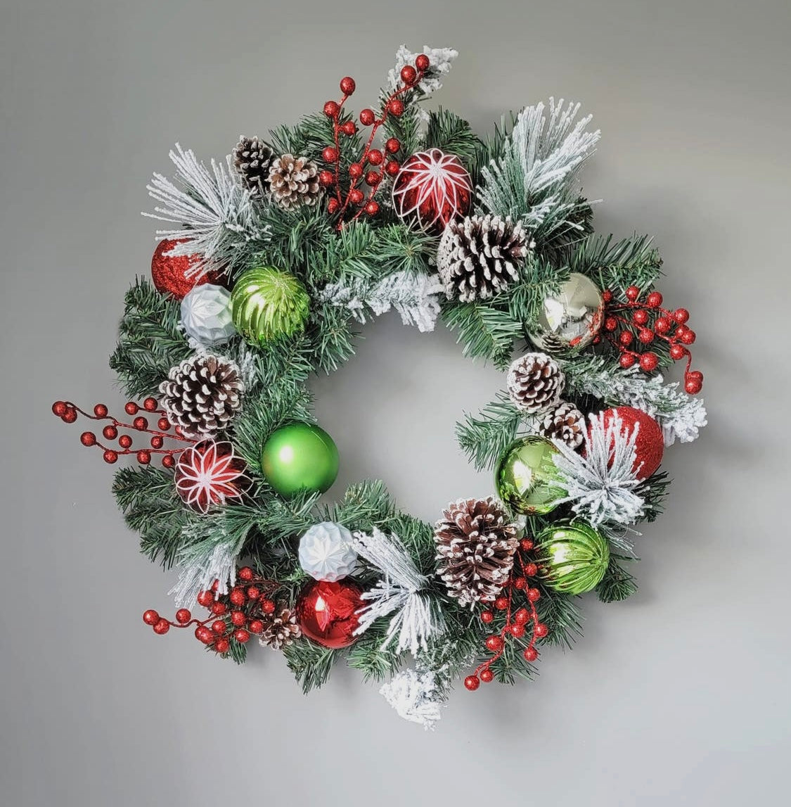 Flocked Christmas Wreath w/Red Berries and Pinecones